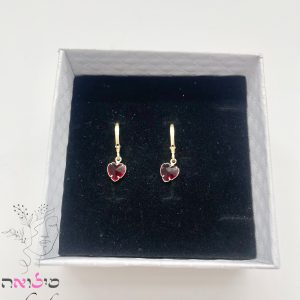 עגילים גולדפילד זהב לב יהלום בורדו