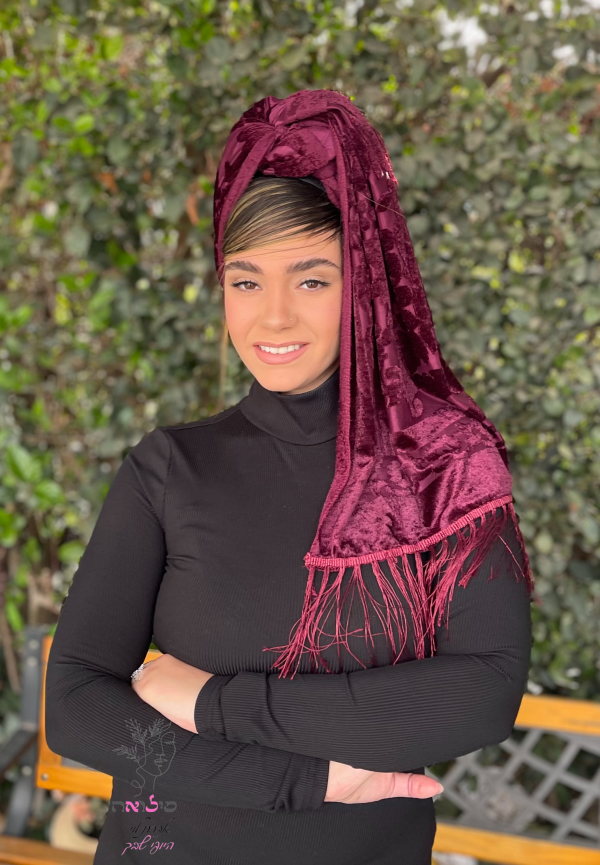 ⁦מטפחת לונג קטיפה חגיגית סגול חציל⁩ – תמונה ⁦3⁩