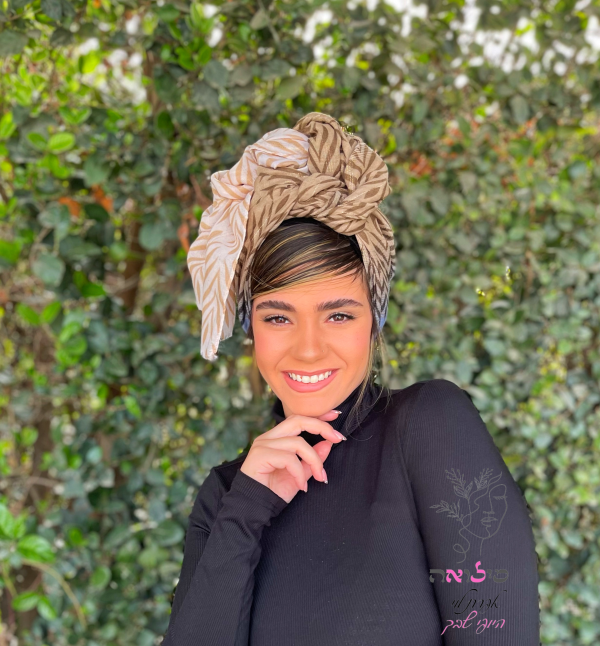 ⁦מטפחת לונג עלים משולבת חום וקרם⁩ – תמונה ⁦5⁩