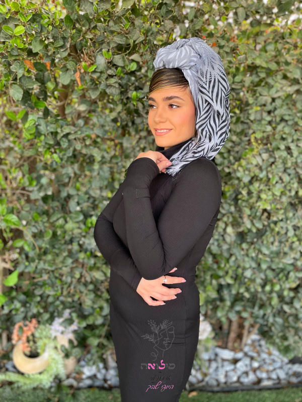 ⁦מטפחת לונג עלים משולבת אפור שחור⁩ – תמונה ⁦2⁩