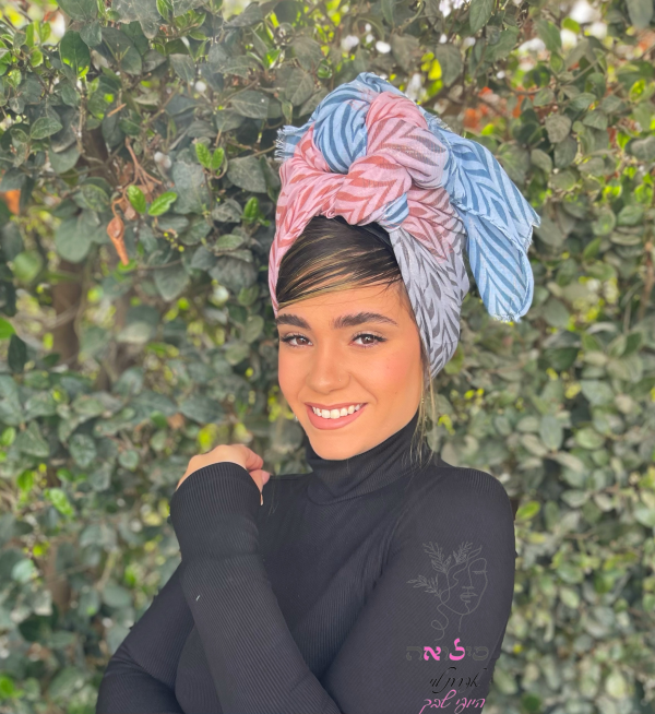 ⁦מטפחת לונג עלים משולבת ורוד תכלת⁩ – תמונה ⁦5⁩