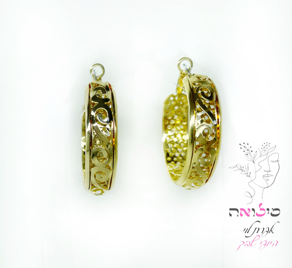 ⁦עגילי חישוק גולדפילד זהב עיטורים תחרה⁩ – תמונה ⁦2⁩